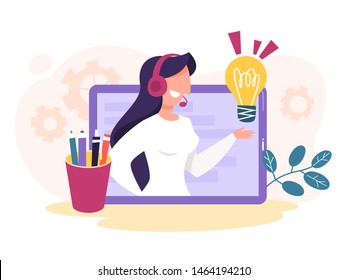 Technical support concept. Idea of customer service. Woman support clients and help them with problems. Providing customer with valuable information. Vector illustration in cartoon style