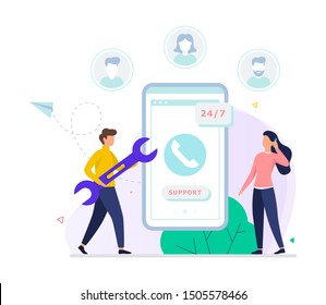 Technical support concept. Idea of customer service. Support clients and help them with problems. Providing customer with valuable information. Vector illustration in flat style