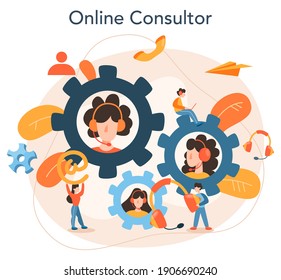Technical support concept. Idea of customer service. Consultant support clients and help them with problems. Providing customer with valuable information. Vector illustration in cartoon style
