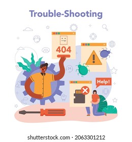 Technical support concept. Idea of customer service. Consultant help a client with technical problems, providing customer with setting information. Troubleshooting. Flat vector illustration