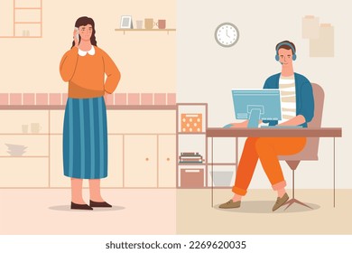 Concepto de apoyo técnico. Hombre con auriculares en la computadora responde que las chicas llaman. Asistente, comentarios y línea de ayuda, FAQ. Operador del centro de consultoría en línea con el cliente. Dibujo vectorial plano de dibujos animados