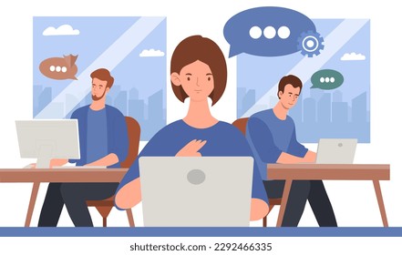 Concepto de apoyo técnico. Hombres y mujeres en laptops responden preguntas de los clientes. Comentarios y consultas remotas, consejo. Sistema de procesamiento de llamadas y línea activa. Dibujo vectorial plano de dibujos animados