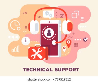 Technical support concept on pink background with title. Vector color illustration of big phone, headphones, tools and icons. Flat style design for web, site, banner, business presentation