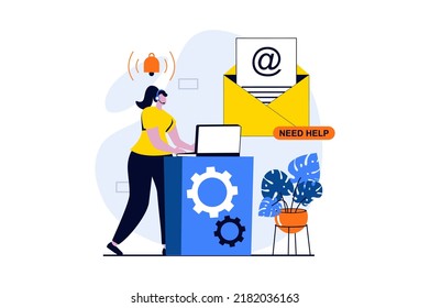 Technical support concept with people scene in flat cartoon design. Woman in headset works on laptop, responds to emails and messages and consults clients. Vector illustration visual story for web
