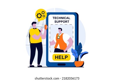 Technical support concept with people scene in flat cartoon design. Man writes to operator to solve problems using mobile app. Consultant helps client online. Vector illustration visual story for web