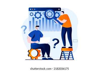 Technical support concept with people scene in flat cartoon design. Tech team searching and fixing problems, making repair and computer maintenance for client. Vector illustration visual story for web