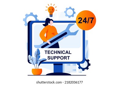 Technical support concept with people scene in flat cartoon design. Woman with wrench solving tech problems of clients, making repair and computer maintenance. Vector illustration visual story for web