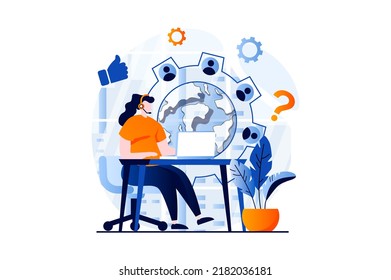 Technical support concept with people scene in flat cartoon design. Woman in headset chatting with clients for solving tech problems and online consultation. Vector illustration visual story for web