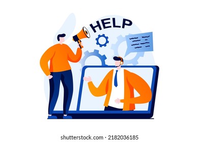 Technical support concept with people scene in flat cartoon design. Man with megaphone chatting to consultant for solving problems and online consultation. Vector illustration visual story for web