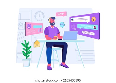Concepto de soporte técnico con escenario de personas para web. Hombre con auriculares hablando con clientes y respondiendo llamadas de clientes, consultando y resolviendo problemas. Ilustración vectorial en diseño de perspectiva plana
