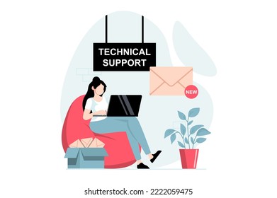 Technical support concept with people scene in flat design. Woman operator consulting clients answering messages and emails, working on laptop. Vector illustration with character situation for web