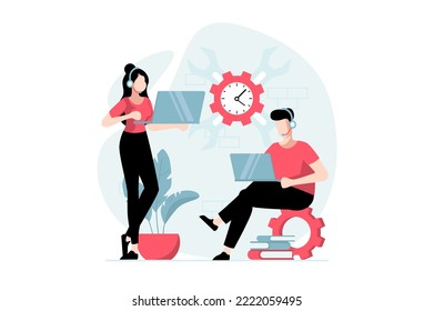 Technical support concept with people scene in flat design. Team of tech experts consult customers using laptops, solve problems and troubleshoot. Vector illustration with character situation for web