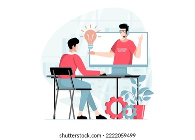 Technical Support Concept With People Scene In Flat Design. Man Watches Video Tutorial With Tips On Repairing And Settings From Tech Specialist. Vector Illustration With Character Situation For Web