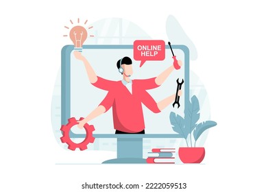 Technical support concept with people scene in flat design. Man in headset with tools helping to solve problems with computers and repairs online. Vector illustration with character situation for web