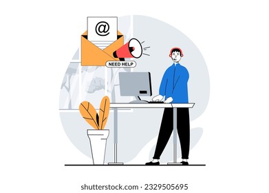 Technical support concept with people scene in flat design for web. Man answering email from customer and gives professional advice. Vector illustration for social media banner, marketing material.