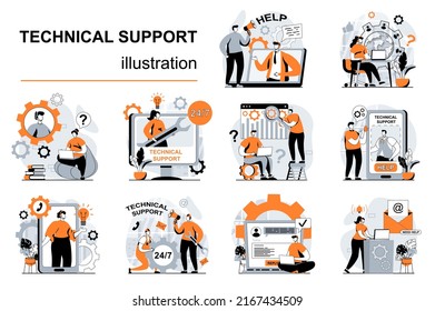 Konzept der technischen Unterstützung mit Menschen Szenen in flachem Design. Frauen und Männer beraten Kunden und lösen technische Probleme. Online-Kundendienst. Kollektion visueller Vektorgrafik-Geschichten für Web