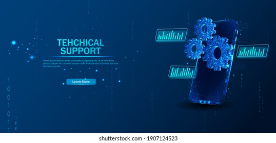 Technical support. The concept of service. A gears consisting of polygons. Phone in a futuristic polygonal style with a skeleton, low-poly triangles. Internet, or a symbol of the device and phone. 