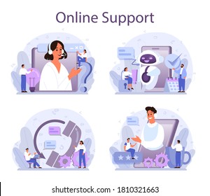 Technical support concept set. Idea of customer service. Consultant support clients and help them with problems. Providing customer with valuable information. Vector illustration in cartoon style