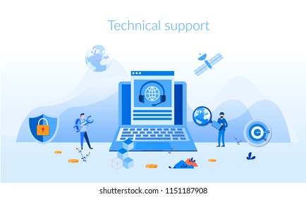 Technical support Concept for web page, banner, presentation, social media, documents, cards, posters. Vector illustration, customer tech hotline, customer assistance, 24h help, communication.