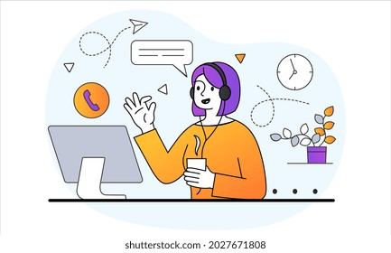 Technical support concept. Woman sits at her workplace and takes customer calls. Phone number of hotline. Employee answers user questions. Cartoon flat vector illustration isolated on white background