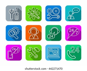 Technical support, contour icons, colored. Vector linear icons of tools for repair and maintenance of electronics and equipment. 