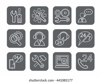 Technical support, contour icons, monochromatic, gray. Vector linear icons of tools for repair and maintenance of electronics and equipment. White image on a gray background. 