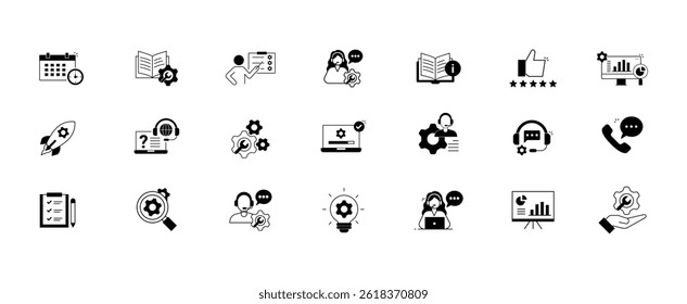 Technical Support and Customer Assistance Icon Set – Help Desk, Troubleshooting, Knowledge Base, and User Communication Symbols.