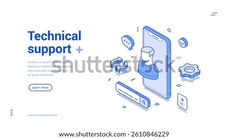 Technical support customer assistance smartphone application isometric web banner vector illustration. Cyberspace bot consulting technology client feedback digital chatting help desk helpline