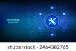 Technical support. Customer help. Online tech support. Customer service, Business and technology concept. Background with circuit board connections and tech icons. Vector Illustration.