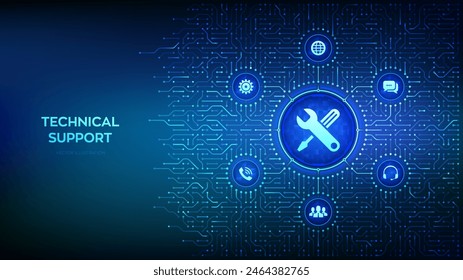 Technical support. Customer help. Online tech support. Customer service, Business and technology concept. Background with circuit board connections and tech icons. Vector Illustration.