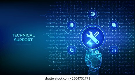 Technical support. Customer help. Online tech support. Customer service technology concept. Background with circuit board connections, tech icons. Wireframe hand pressing button. Vector Illustration.