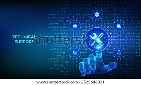 Technical support. Customer help. Online tech support. Customer service technology concept. Background with circuit board connections, tech icons. Wireframe hand pressing button. Vector Illustration.