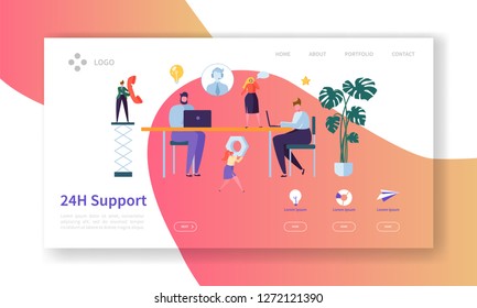 Technical Support Customer Help Service Landing Page. Online Assistant Character at Laptop in Headset. Internet Consultant Concept for Website or Web Page. Flat Cartoon Vector Illustration