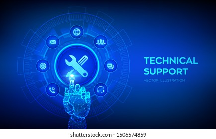 Technical support. Customer help. Tech support. Customer service, Business and technology concept. Robotic hand touching digital interface. Vector illustration.