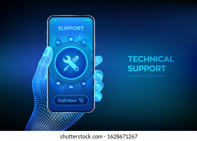 Technical support. Customer help. Tech support. Customer service, Business and technology concept. Closeup smartphone in wireframe hand. Vector illustration.