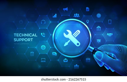 Technical support. Customer help. Tech support. Customer service technology concept with magnifier in wireframe hand. Magnifying glass and business infographic on virtual screen. Vector illustration.