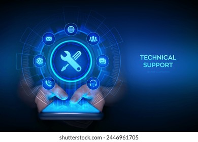 Technical support. Customer help. Tech support application interface on virtual screen. Customer service, Business and technology concept. Smartphone in hands. Using smartphone. Vector illustration.