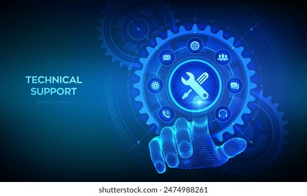 Asistencia técnica. Cliente ayuda. Asistencia tecnológica. Servicio al cliente, Negocios y concepto de tecnología. Mano de alambre que toca la interfaz digital con engranajes conectados engranajes e iconos. Ilustración vectorial.