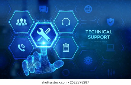 Suporte técnico. Ajuda do cliente. Suporte técnico. Serviço de atendimento ao cliente, conceito de negócios e tecnologia. 24 horas de serviço. Suporte 24 horas por dia, 7 dias por semana. Mão de arames tocando a interface digital. Ilustração vetorial.