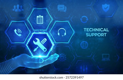 Technical support. Customer help. Tech support icon in wireframe hand. Customer service, Business and technology concept. 24 hours servises. 24-7 support. Vector illustration.