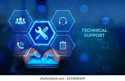 Technical support. Customer help. Tech support application interface on virtual screen. Customer service, Business and technology concept. Smartphone in hands. Using smartphone. Vector illustration.