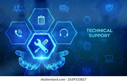 Technical support. Customer help. Tech support icon in wireframe hands. Customer service, Business and technology concept. 24 hours servises. 24-7 support. Vector illustration.