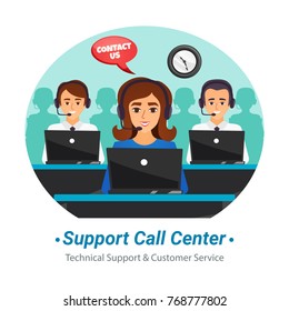 Technical support customer service call center operators at work round flat composition advertisement poster vector illustration 