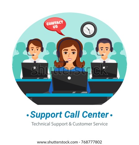 Technical support customer service call center operators at work round flat composition advertisement poster vector illustration 