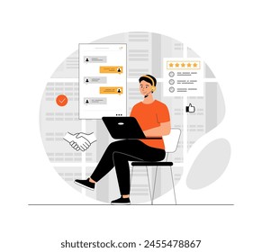 Technical support or customer service. Customer feedback. Client chatting to a call center operator. Illustration with people scene in flat design for website and mobile development	
