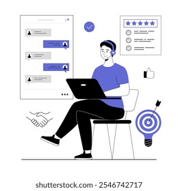 Technical support or customer service. Customer feedback. Client chatting to a call center operator. Vector illustration with line people for web design.	
