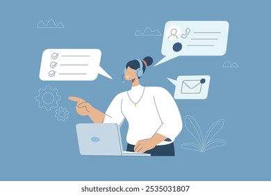 Asistencia técnica o Servicio al cliente, línea directa, Representante del centro de llamadas, consulta o Comentarios de Clientes en línea, empleada femenina con auriculares ayuda a servir a los Clientes. Diseño de Vector.
