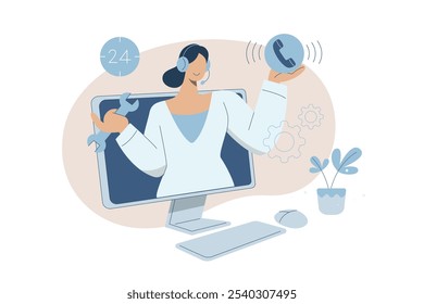 Technischer Support oder Kundendienst, Hotline 24 Stunden Service, Online Kundenberatung oder Feedback, Frau mit Kopfhörern, die einen Schraubenschlüssel hält und Kunden hilft, Probleme zu lösen.
