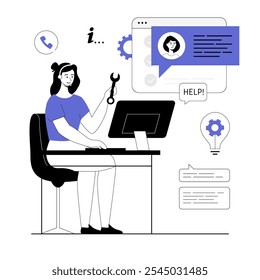 Technical support or customer service. Hotline consultant helps a customer providing them with valuable information. Vector illustration with line people for web design.