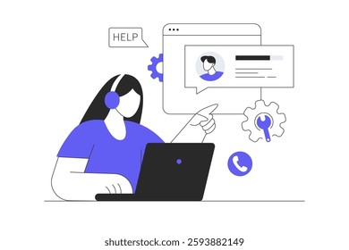 Technical support or customer service. Hotline consultant helps a customer providing them with valuable information. Flat Cartoon Vector Illustration, icon. Stylish abstract web